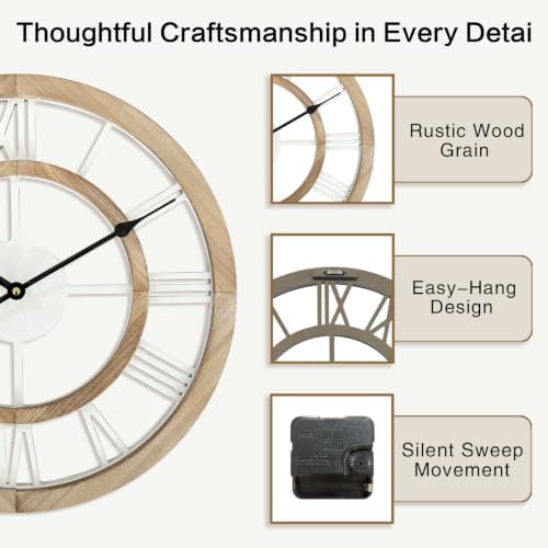 16 Inch Rustic Wall Clock Silent Non-Ticking Wooden Wall Clocks with Roman Numerals Farmhouse Decorative Clock for Living Room Bedroom Office (Light Lvory) - Image 4