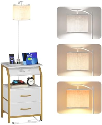 End Table with Floor Lamp, Nightstand with Charging Station, Floor Lamp Table with 3-Color Temperature Bulb, Bedside Table Night Stand with 2 Drawers for Bedroom, Living Room, Gold by Unknown