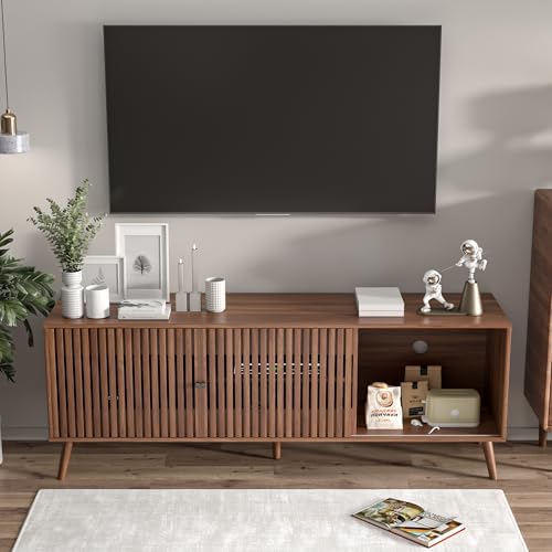 Oubayajia Mid Century Modern TV Stand for Televisions up to 70 Inches, with Sliding Doors and Storage, Television Stands, TV Consoles, Media Consoles for Living Room, 63 Inch (Walnut) - Image 4