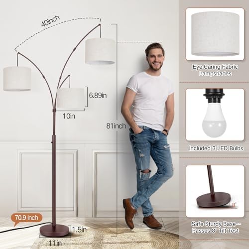 OUTON Tall Arc Floor Lamp - Adjustable, Modern, 3-Light Arched Lamp for Bedroom, Office, and Living Room, 2400lm Mid Century Design with 3 Energy-Efficient LED Bulbs Included, Beige Lampshade - Image 5