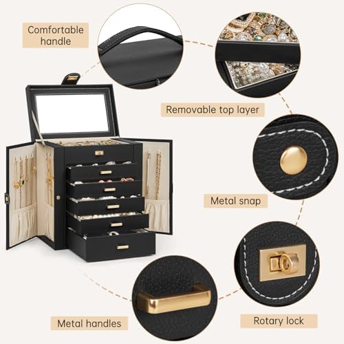 AKOZLIN 6-Tier Jewelry Box Organizer 5 Drawers Storage Medium Black - Image 6