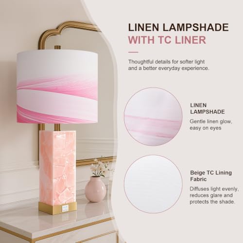 Scenekoy Pink Alabaster Table Lamp Set of 2 with Night Light for Bedroom - Image 3