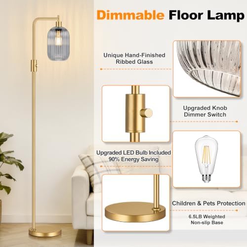 【Upgraded】 Dimmable Floor Lamp for Living Room with Gray Ribbed Glass Lampshade, Gold Modern Floor Lamp with 900LM LED Bulb Included, Arc Standing Tall Lamp for Bedroom, Office, Reading Room, Corner - Image 4