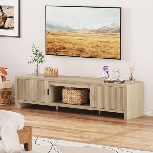 FATORRI TV Stand for TVs up to 75/65/55 Inch, Wood Entertainment Center with Storage, Farmhouse Waveform Fluted-Door Television Media Console for Living Room, Bedroom (63 Inch W, Light Walnut) - Image 6