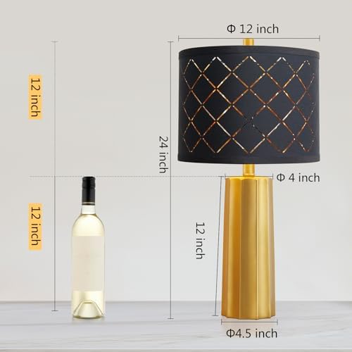 Set of 2 Modern Table Lamps for Living Room Bedroom, Gold Nightstand Resin Lamps with Black Grid Shade, Contemporary Desk Lamps for Bedside End Tables, 2 Bulbs Included (Gold) - Image 2