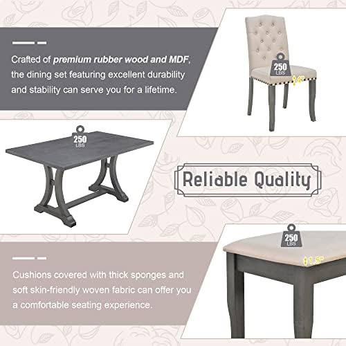 Rustic 6-Piece Dining Table Set with Rectangular Trestle Table and 4 Upholstered Chairs & Bench, Solid Wood Kitchen Dining Table Set for 6, Tufted Buttons Nailhead Decoration (Antique Gray-31) - Image 7