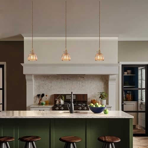 Shenmoyl Pendant Light with Amber Tulip Glass Lmapshade, Brass Vintage Pendant Light Adjustable Hanging Light for Kitchen Island Dining Room Hallway - Image 3