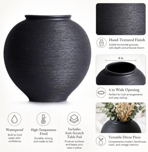 Large Blak Ceramic Vase - 9 Inch Large Black Round Vase, Rustic Farmhouse Vase for Home Decor, Dining Table, Shelf, Bedroom, Living Room, Kitchen, Office, Bathroom, Mantle, Centerpiece Décor - Image 2