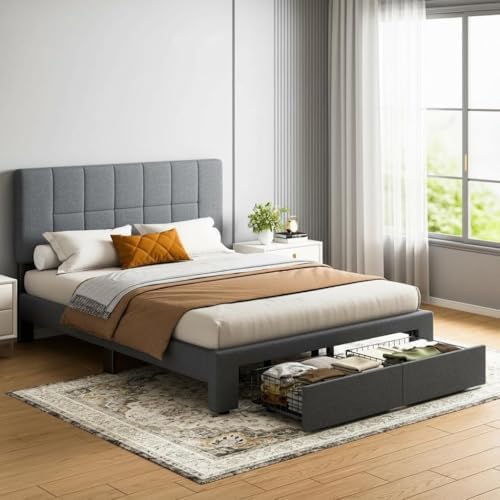 Marsail Queen Bed Frame with 2 Storage Drawers - Upholstered, Adjustable Headboard,6"-12" Mattress Fit, 1300 lbs Capacity, 12-Leg Sturdy Wood Construction, Easy Assembly, Dark Gray - Image 3