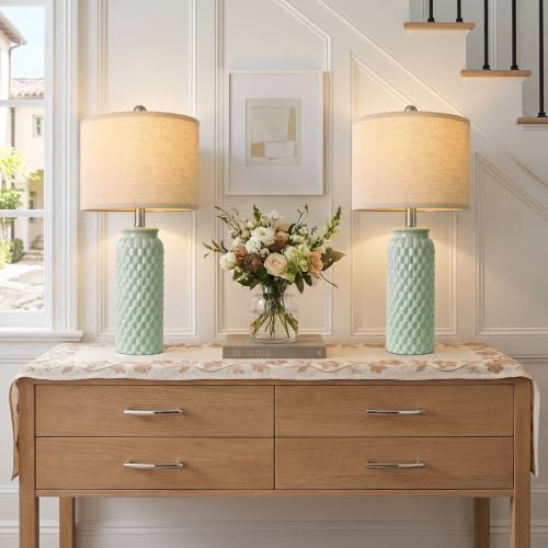 24" Modern Bedside Lamps Set of 2, Green Ceramic Nightstand Lamp by VORTETHER