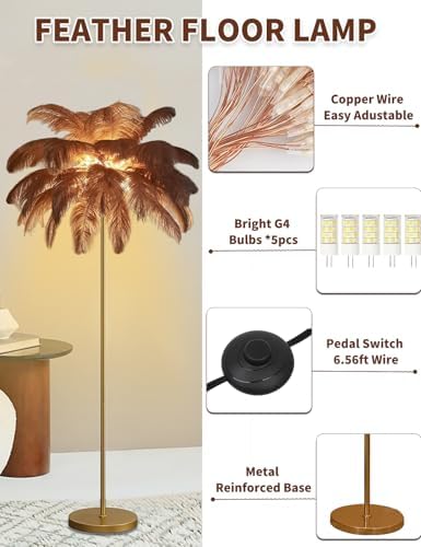 Feather Floor Lamp,Fluffy Ostrich Feather Floor Lamp for Bedroom,3 Color Temperatures Led Corner Modern Floor Lamps for Living Room Christmas Home Decor House Warming Gifts,63″ Height,50 Piece(Brown) - Image 4