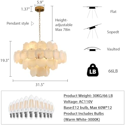 Natural Alabaster Round Chandelier, 31.5" Modern Marble Chandelier with 50 Stone Texture Panels, 12-Light Dimmable Spanish Alabaster Chandeliers for Living Room, Dining Room, Hallway - Image 5