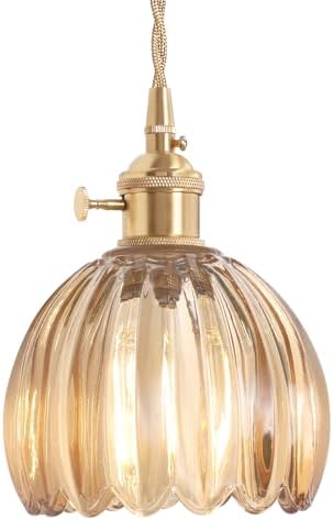 Shenmoyl Pendant Light with Amber Tulip Glass Lmapshade, Brass Vintage Pendant Light Adjustable Hanging Light for Kitchen Island Dining Room Hallway by Shenmoyl