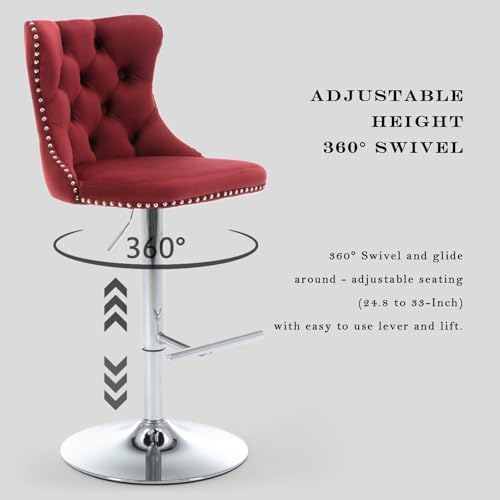 SoarFlash Velvet Bar Stool Set of 2, Adjustable Swivel Bar Stools with Silver Plated Metal Leg, Button Tufted, Footrest, Chrome Nailhead, Counter Height Chair for Kitchen, Bar, Dining Room (Wine Red) - Image 6