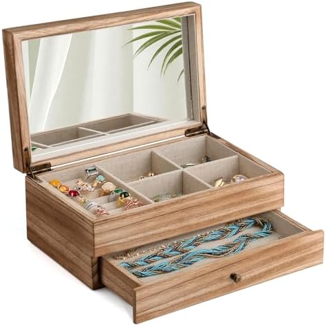 Meangood Jewelry Box Organizer for Women, 2 Layer Large Jewelry Storage Case, Rustic Wooden Jewelry Box with Mirror & Ring Tray for Necklace Earring Bracelets Rings, Vintage Style (Torched Wood) by Meangood