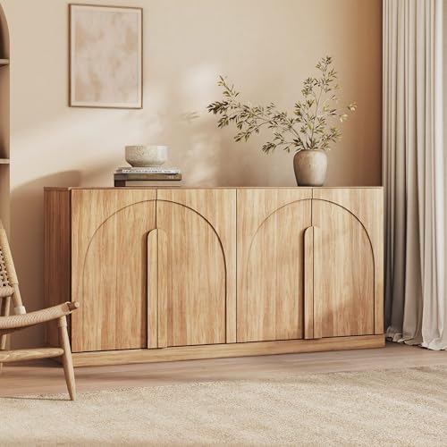 BELLEZE Bijou 64" Modern Buffet Sideboard, Mid-Century Arch Carved Wood Door Cabinet, Textured Storage Console for Living Room, Kitchen, Entryway - Camel by BELLEZE