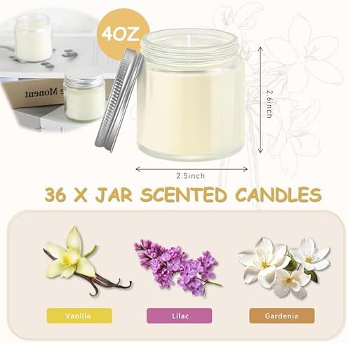 ACITHGL 36 Pcs 4oz Mini Mason Jar Candles Small Scented Candles Bulk Aromatherapy Ideal Souvenir Favors for Wedding Birthday Party (Vanilla, Lilac, Gardenia, Silver) - Image 2