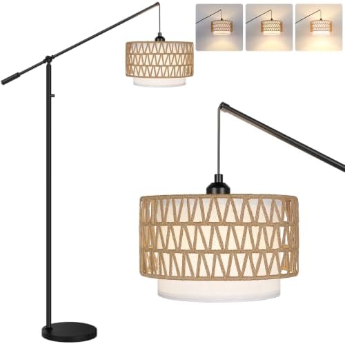 【Upgraded】Boho Dimmable Floor Lamps with Adjustable Swing Arm, 1100 Lumens Bulb Included, Modern Standing Lamp with Rattan & Fabric Shades, Rattan Tall Arc Floor Lamp for Living Room Bedroom, Black by Yemela