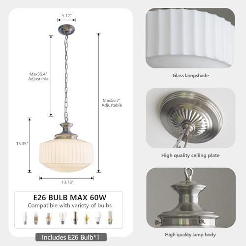 Vintage Milk Glass Pendant Lights, 13.8" White Pleated Glass Chandelier, Schoolhouse Antique Pendant Lights, for Kitchen Island Lighting, Hallway, Bedroom, Dining Room, Foyer, E26 Bulb Included - Image 7