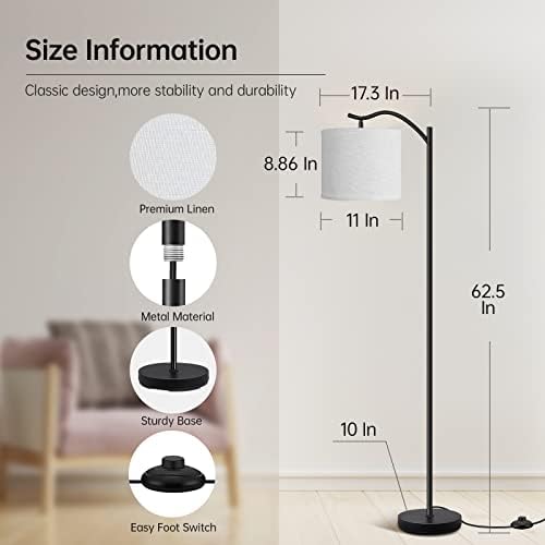 BoostArea Modern LED Arched Floor Lamp with Natural Linen Shade, 3 Brightness Levels, E26 Socket, Footswitch, 63-inch Tall, White - Image 5