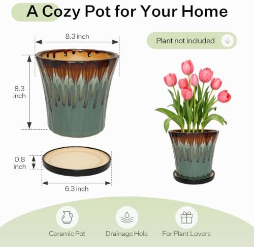 8.3 Inch Ceramic Planters with Drainage Hole and Saucer,Indoor Outdoor Large Flower Pots, Garden Pot for Plant Lovers (Drip Blue) - Image 6