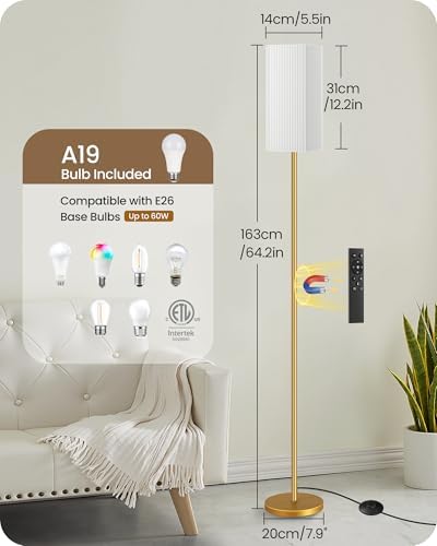2Pack 64.2” Dimmable Floor Lamp for Living Room with Remote & Foot Switch, Corner Floor Lamp for Bedroom, Includes A19 Bulb, Modern Standing Tall Lamp, ETL Listed White and Gold DCW17LDP205 - Image 3