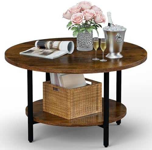 Coffee Tables for Living Room, 27.6" Round Coffee Table, Brown Coffee Table by FAMIDGE