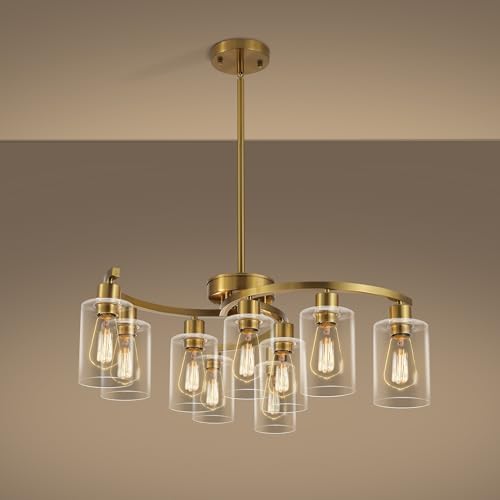 CNRATYE 9-Light Gold Glass Chandelier, Adjustable Height Dining Room Light Fixtures Over Table, Contemporary Hanging Chandelier for Kitchen Island Living Room Foyer Office, Clear Glass Shade by CNRATYE
