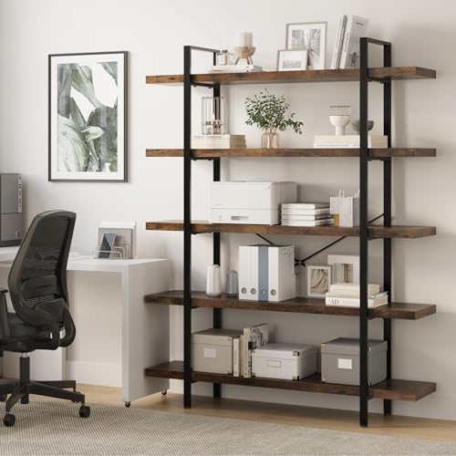 Heavy Duty 5 Tier Industrial Bookcase for Home Office, Rustic Brown - Image 5