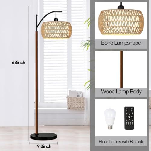 ILLMTW Boho Floor Lamp for Living Room,Bedroom,Rattan Standing Lamp with Remote Dimmable,Wood Vintage Mid Century Modern Tall Lamp Wicker Lamp Shade Floor Lights Bohemian Tiffany Style - Image 4