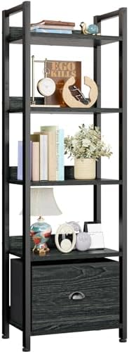 Furologee 5 Tier Bookshelf with Drawer, Kitchen Bakers Rack with Storage, Tall Narrow Bookcase, Industrial Free Standing Display Shelf, Wood and Metal Book Shelf for Bedroom, Living Room, Black by Furologee