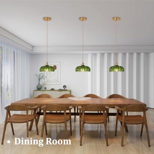 Shenmoyl Pendant Light with Green Scindapsus Glass Lmapshade, Brass Vintage Pendant Light Adjustable Hanging Light for Kitchen Island Dining Room Hallway - Image 2
