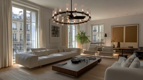Black Ceiling Fans with 16 Lights Wagon Wheel Chandelier, 48 Inch Modern Farmhouse Fandelier, Quiet 6-Speed Reversible DC Motor, 1/2/4H Remote Timing for Living Room/Bedroom/Kitchen - Image 2