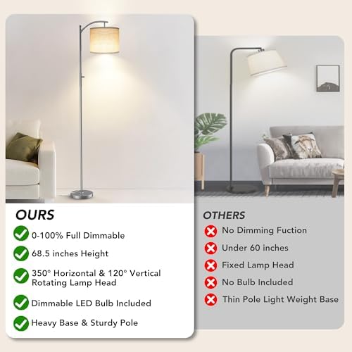 ROTTOGOON Dimmable Floor Lamp, Arc Floor Lamps for Living Room, Stepless Dimming Modern Standing Lamp with Linen Shade, Tall Lamp for Bedroom Office Dining Room- Silver - Image 2
