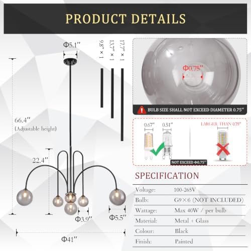 CATINER Modern 40" 6-Light Black Sputnik Chandelier with Smoke Glass Globe - Image 4