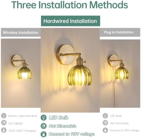 Shenmoyl Vintage Wall Sconces Set of 2 with Green Tulip Glass Lampshade 180 Degree Adjustable Brass Sconces Hradwired Modern Wall Lighting Fixture with Switch for Bedside Bedroom Doorway - Image 2
