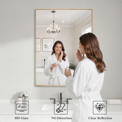 Koonmi Gold Mirrors for Wall, 26x38 Inch Bathroom Mirror, Rectangular Wall Mirror for Living Room Bedroom Bathroom, Hangs Horizontally or Vertically - Image 3