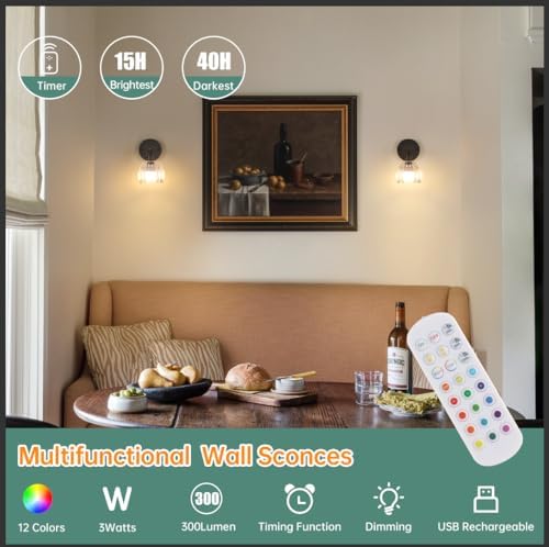 Shenmoyl Vintage Battery Operated Wall Sconce with Transparent Tulip Glass Lampshade Rechargeable Battery Powered Black Wall Light with Remote Control for Bedside Bedroom Doorway, Set of 2 - Image 2