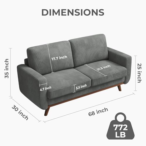 Vesgantti 68" Loveseat Sofa Dark Gray, Comfy Corduroy Couch with Spring Cushion and Solid Wood, Modern Extra Deep Seat for Bedroom, Living Room, Office - Image 2