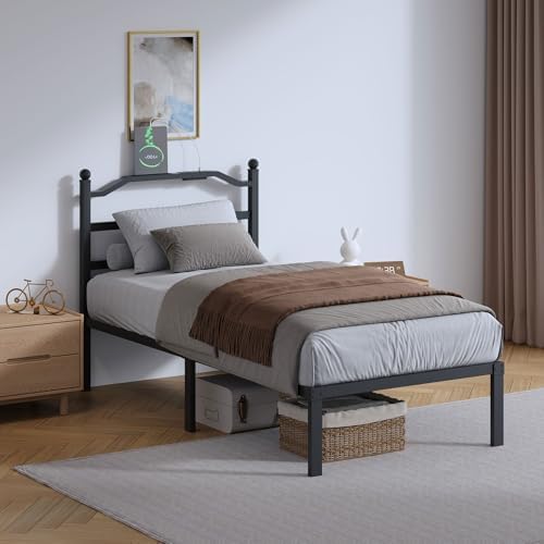 SHOANED Metal Bed Frame with Headboard - 14 Inch Twin XL Size Heavy Duty Bedframe with Charging Station Black Basic Steel Slats Platform No Box Spring Needed/Noise Free by SHOANED