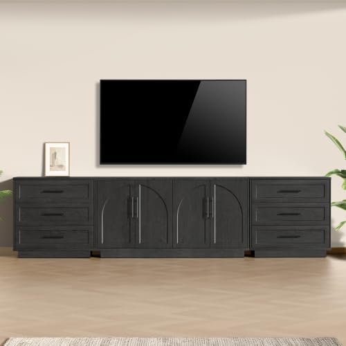 Fatmok Modular Entertainment Center & Buffet Cabinet, Extra Long Sideboard TV Stand with Arched Wooden Doors, Modern Wooden Storage Cabinet for Living Room, Black Grey(EAE,3-Piece) by Fatmok