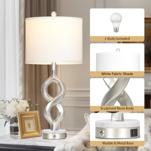Cinyirong 30" Tall Silver Sculptural Table Lamp for Living Room & Bedroom - Image 2