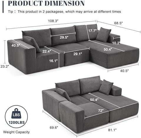 108" Boneless Couch with Chaise, Modular Sofa with Deep Seat, Darkrey - Image 3