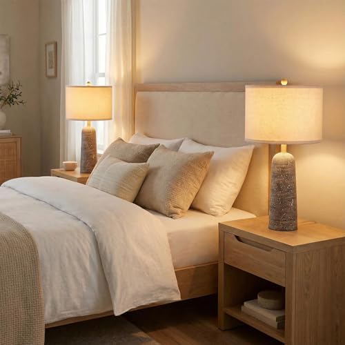 BOBOMOMO 27.25" Modern Table Lamp Set of 2, Light Grey Resin Table Lamps with Stone Look, Lamps for Living Room with Linen Shades, Bedroom Nightstand Lamps, Table Lamps for Living Room End Tables - Image 7