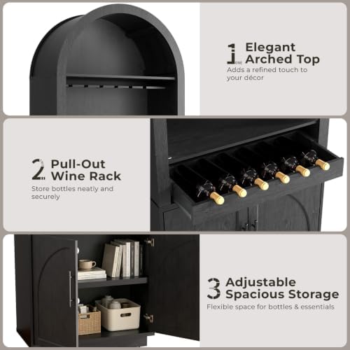Fatmok Modular Coffee Bar with LED Lighting,Charging Station,Arched Wooden Buffet Sideboard,Modern Liquor&Wine Display Storage Cabinet for Living Room,Black Grey(FA,2-Piece) - Image 4