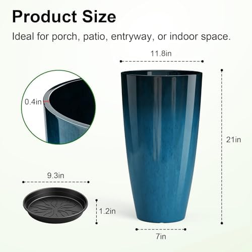 QCQHDU 21 inch Tall Planters for Outdoor & Indoor Plants, Set of 2 Large Outdoor Planters with Drainage Hole for Front Porch, Patio, Garden, Home Decor, Blue - Image 3