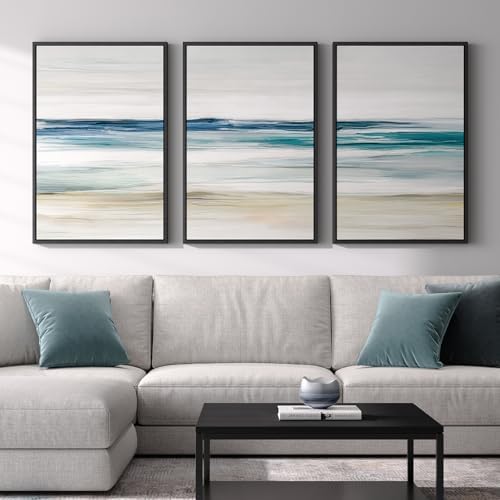 Large Framed Blue Abstract Coastal Ocean Wall Art for Living Room, 24x36 In by Cuspin