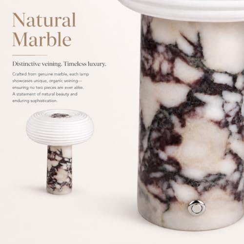 Nebula Marble Cordless Table Lamp, Rechargeable Lamp with 5200mAh Battery, 3- Way Dimmable, Genuine Calacatta Viola Marble Base, Ribbed Glass Shade, for Bedroom Living Room Office - Image 6