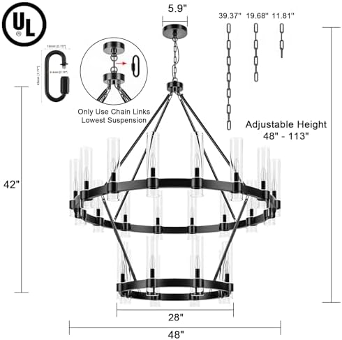 48 Inch Black Wagon Wheel Chandelier 2 Tier with Glass Shade, 24 Lights, Modern Farmhouse Style, Ideal for Dining Room, Kitchen, Entryways - Image 5