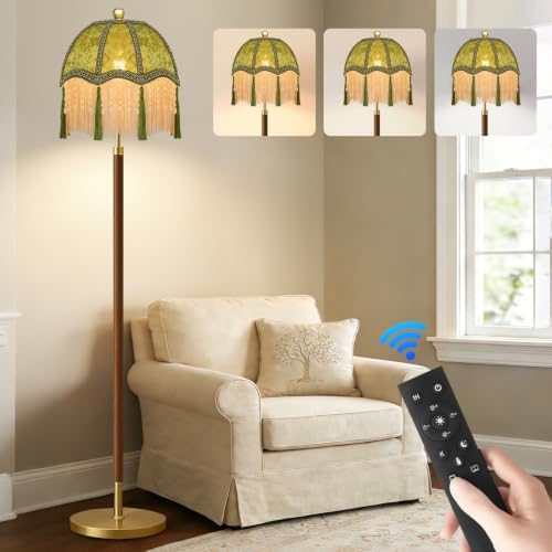 Wood Floor Lamps for Living Room Vintage Floor Lamp with Remote Control & 3 Color Temperature,Dimmable Floor Lamp Mid Century Modern Standing Lamp Green Fringe Tall Floor Lamp for Bedroom Corner by ZECOXOL